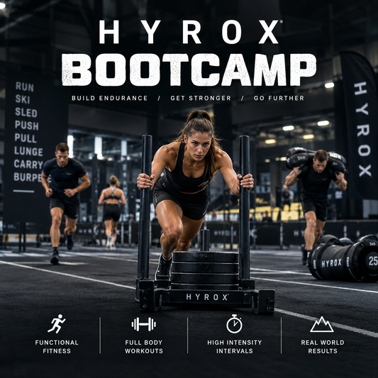 A promotional gym scene for HYROX Bootcamp showing multiple people performing intense workouts in a dark fitness center. A woman in the foreground pushes a HYROX sled, with other athletes and HYROX branding visible throughout the scene.